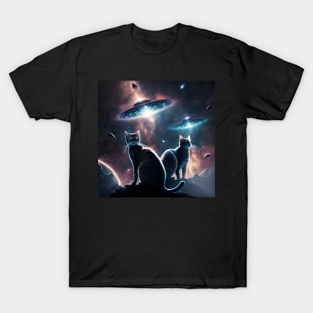 Galaxy Kittens Cat UFO Funny Cat In Space T-Shirt by Linco